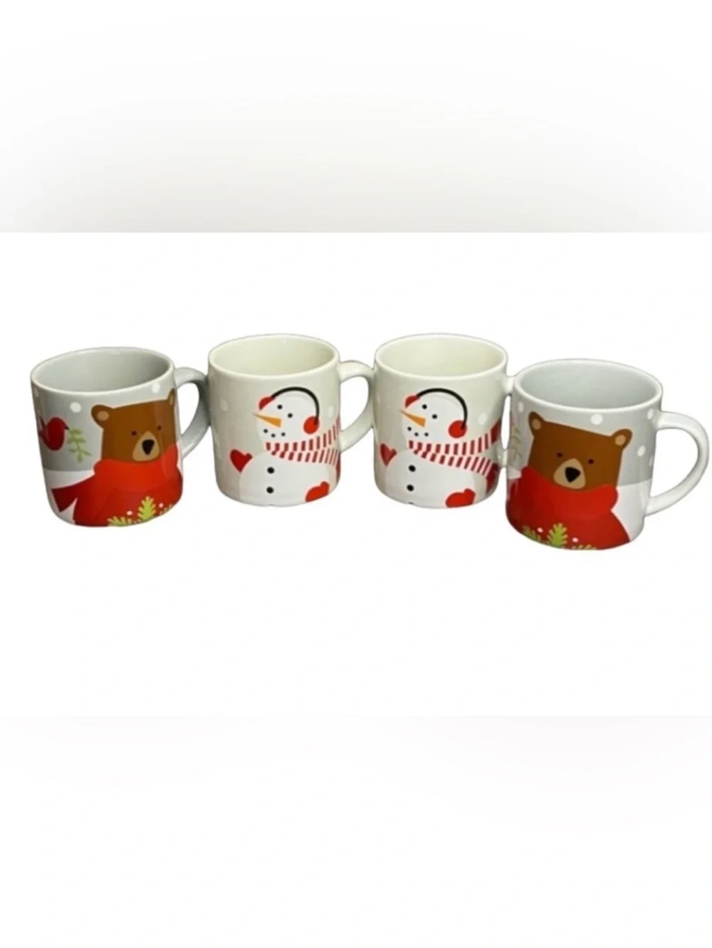 Crate & Barrell Festive Bear and Snowman Mug Set. Set of 4. Small. 8 ounce.